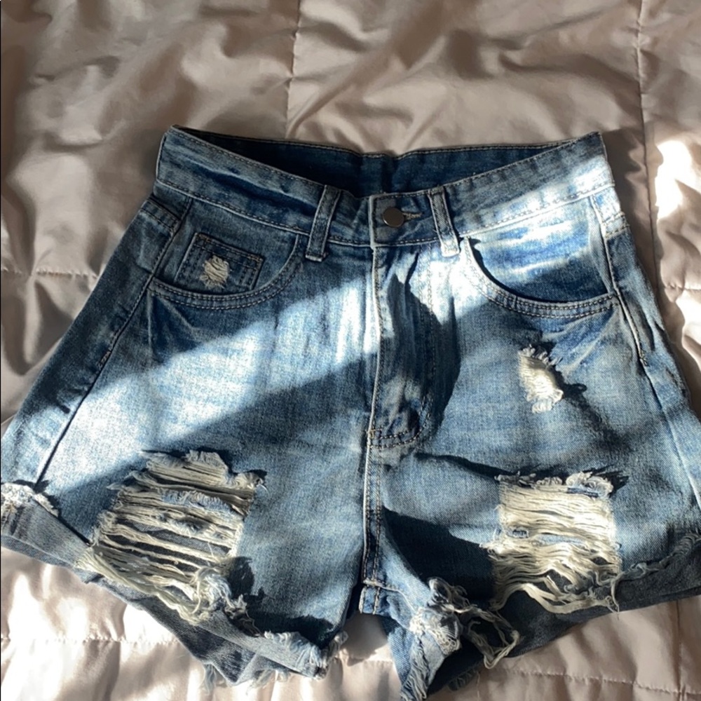 Blue Distressed High Waisted Shorts